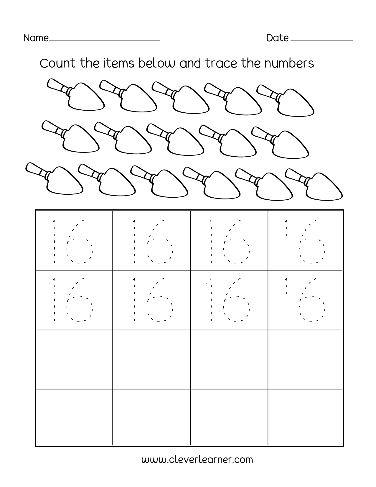 Number 16 Writing Counting And Identification Printable Worksheets For Children