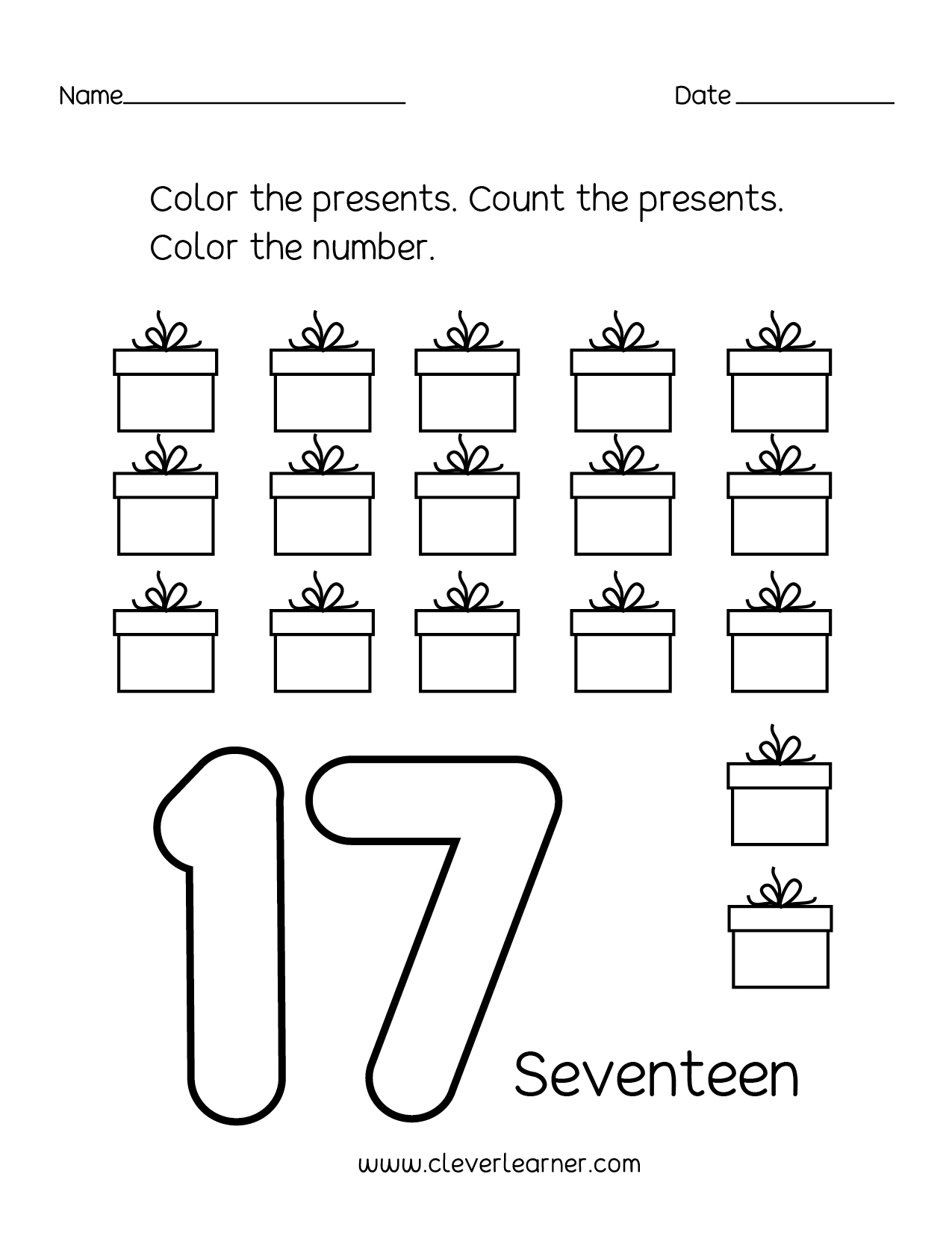 Number 17 Writing Counting And Identification Printable Worksheets For Children