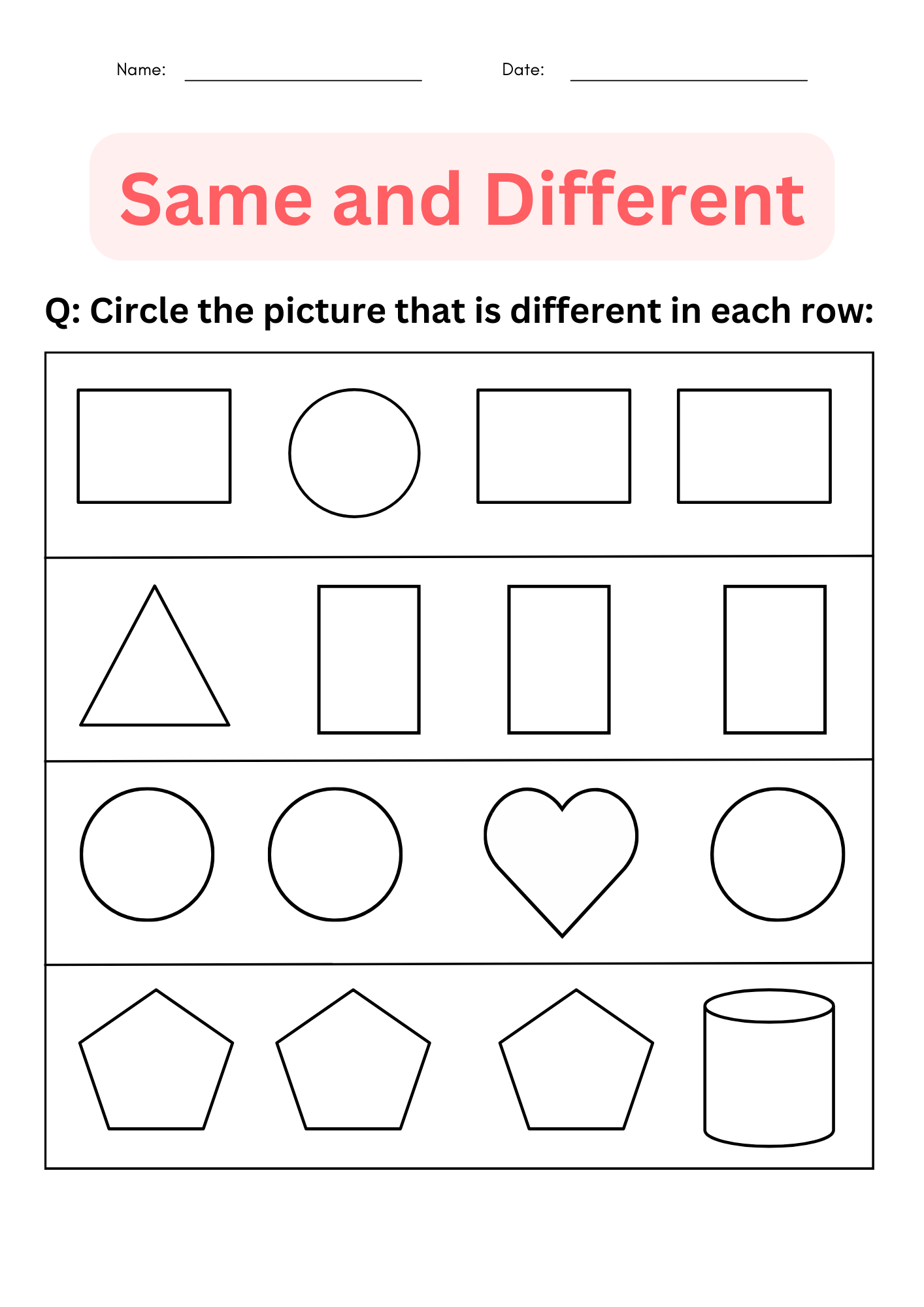 Same And Different Printable Worksheets For Preschool