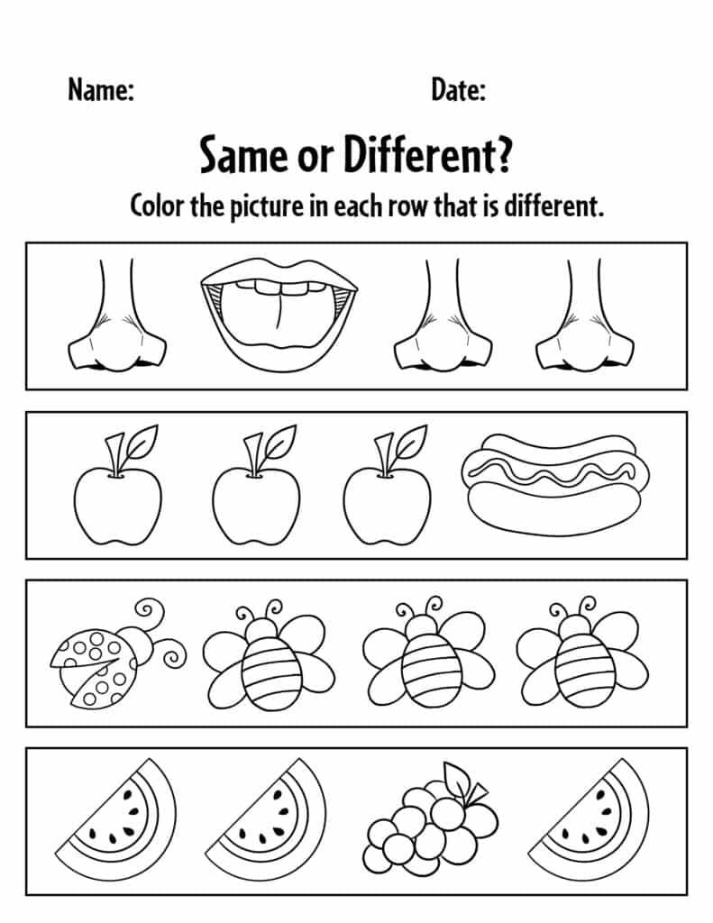 free printable same and different worksheet for preschoolers