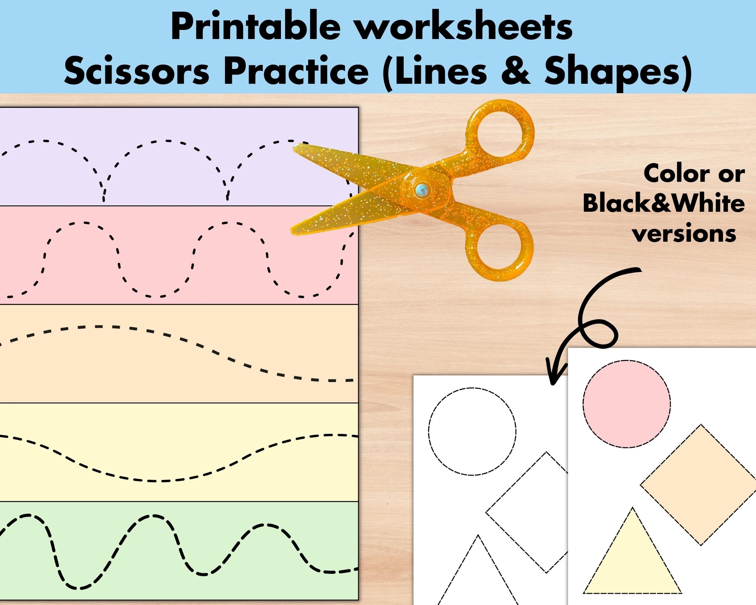 Scissors Skills Cutting Practice Sheets Printable Preschool Shapes Lines Worksheets Homeschool Kindergarten Pre k Activities Etsy