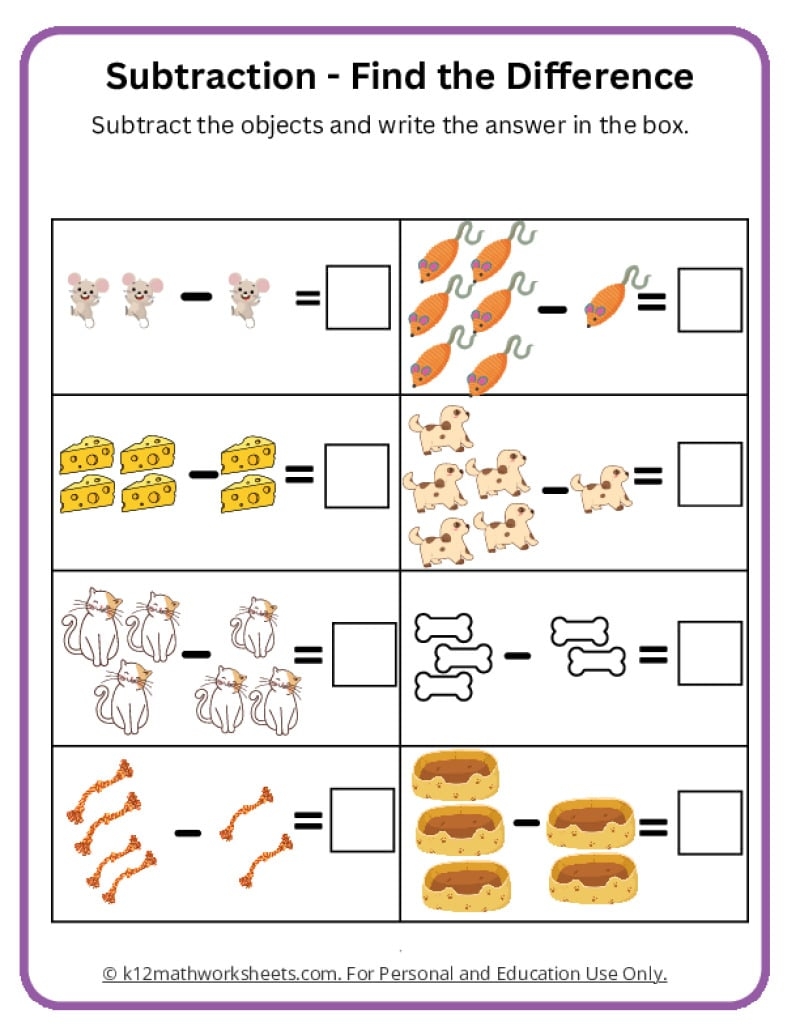 preschool subtraction printable worksheets