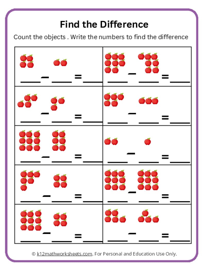 Preschool Subtraction Printable Worksheets