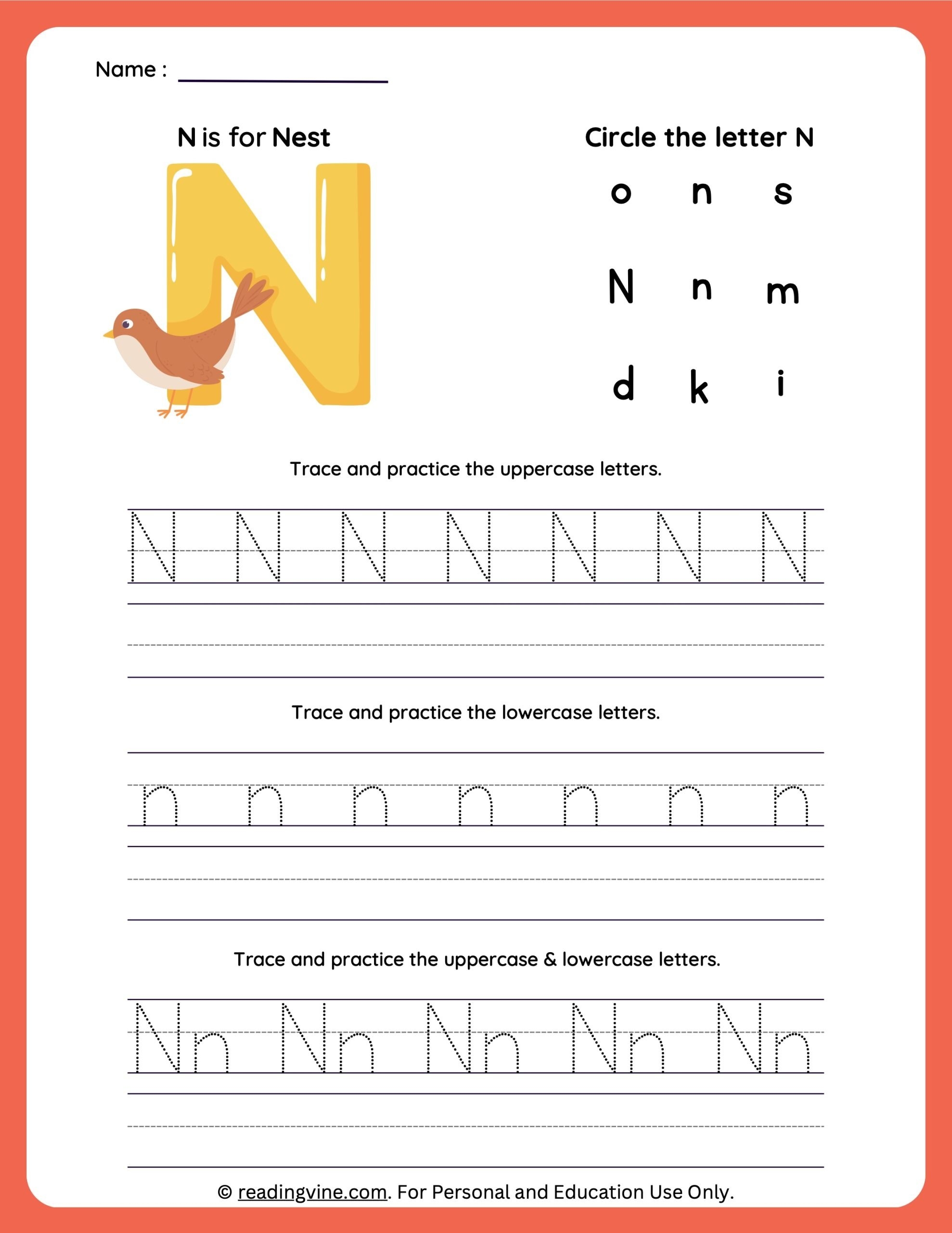 Tracing Letter N Worksheets For Preschool